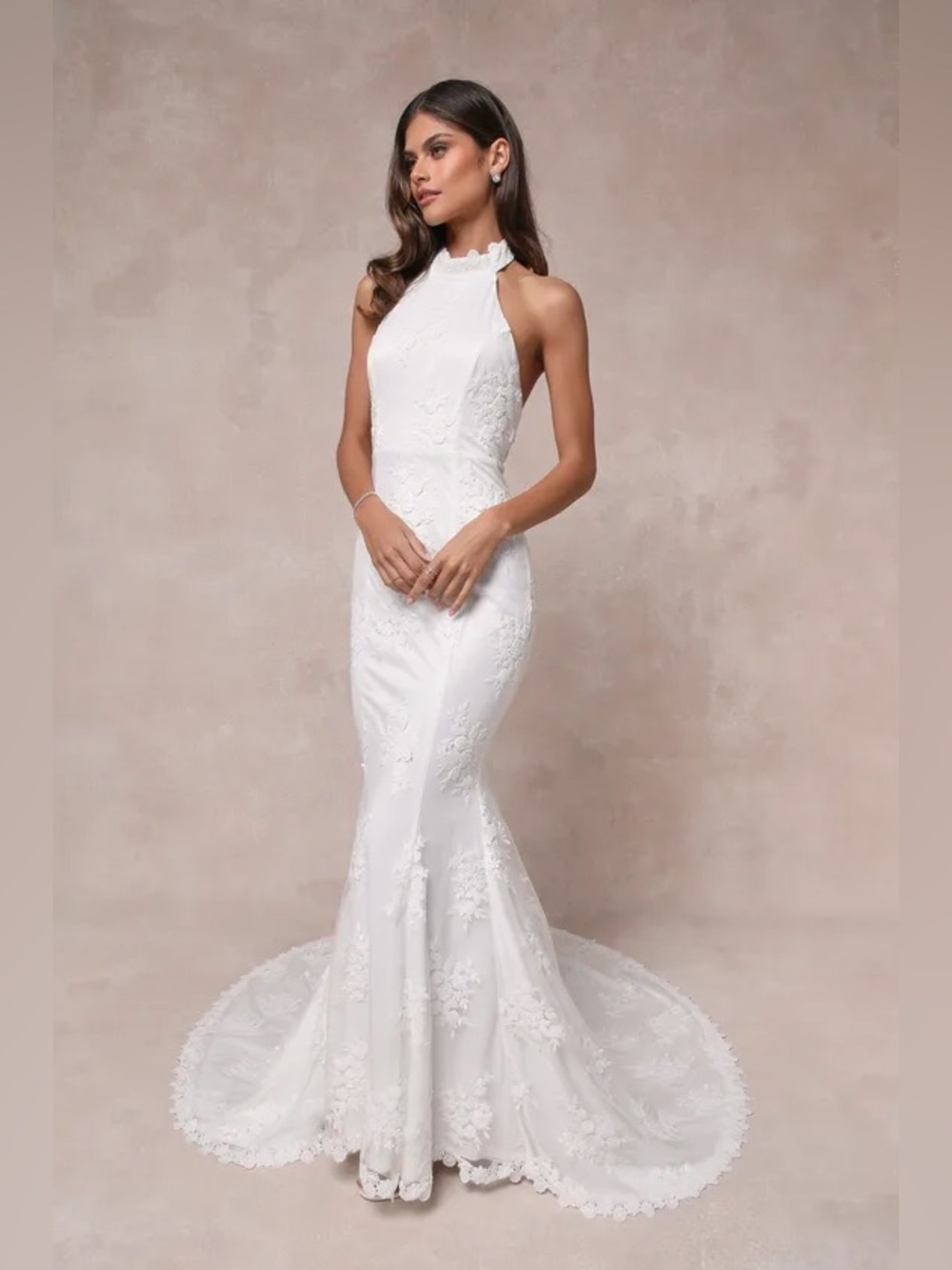 Lulus Dreamy Glamour White Embroidered Halter Mermaid Wedding Dress